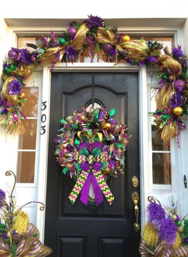 ABTOLS Mardi Gras Wreath Bows, Green Purple Glitter Bows for Wreath for Carnival Party Decorative Bows Purple Sequins Metallic Sparkle Wave Mardi Gras Bows for Front Door Indoor Outdoor Decorations - Image 4